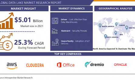 Data Lake Market size is projected to reach USD 24.29 Billion by 2028 from an estimated USD 5.01 Billion in 2021, growing at a CAGR of 25.3% globally. Analysis period {2023-2030}